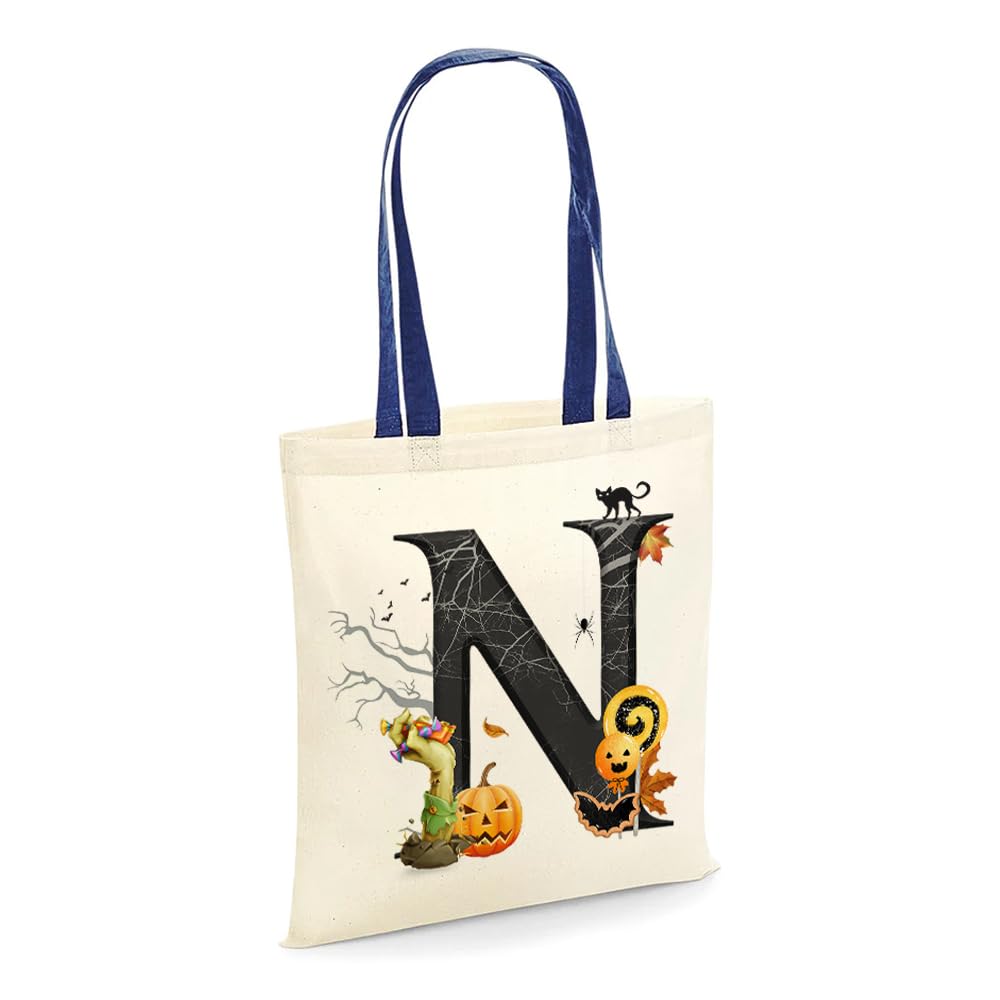 Halloween Bags, Initial Tote Bag, Gifts for Girl, Trick or Treat Bag, Halloween Pumpkin Party, Girl Gift, Reusable Bag, Shopping Bag, French Navy Handle Tote Bag. (N)