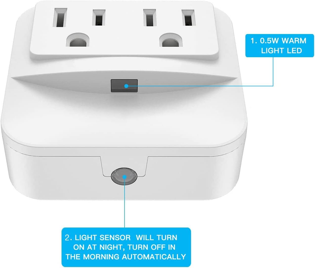 POWRUI Plug-in Night Light with 2-Outlet Extender, Warm White LED Nightlight with Dusk-to-Dawn Sensor for Bedroom, Bathroom, Kitchen, Hallway, Stairs, 4-Pack