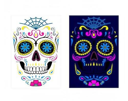 1 Pcs Halloween Neon Temporary Tattoos, Skull Flower Designs Glow-in-the-Dark Tattoos for Adults, Waterproof full Face Art Decoration Stickers for Women and Man