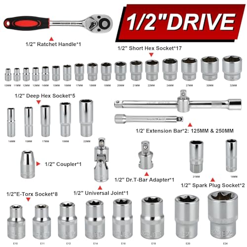 TLGREEN 108-Pieces 1/4" and 1/2" Drive Sockets Set, 72 Teeth Reversible with Quick Release, CR-V Deep Sockets Kit with Extension Bar, Coupler, Ratchet and Wrench, Mechanic Tools for DIY, Car Repair - Image 5