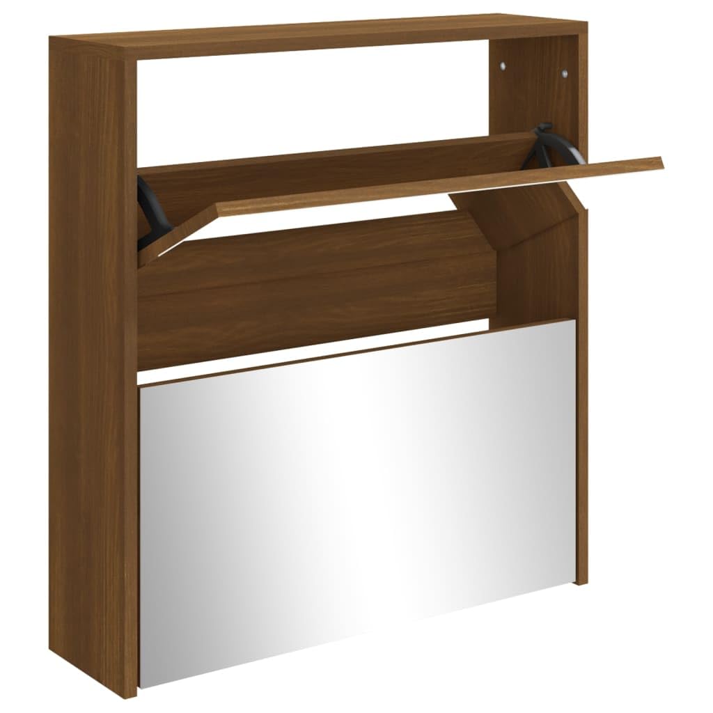 2-poziomowa szafka na buty z lustrem dębowym brązowym 63 x 17 x 67 cm, szafka na buty z szufladami z klapką, organizacja obuwia, nowoczesny design do przedpokoju