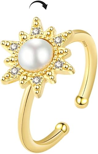 OIDIMS Anillos giratorios para mujeres y niñas, delicados, perlas, girasoles, circonita cúbica, antiansiedad, alivio del estrés, ajustable, abierto,