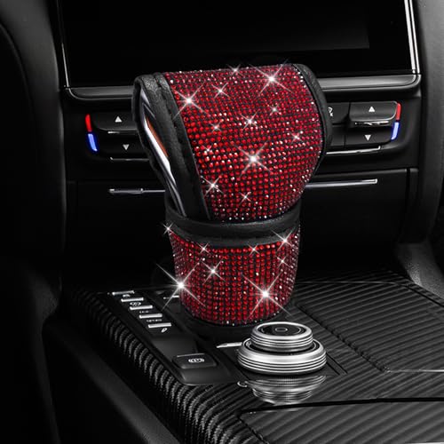 HQRNYP Bling Auto Gear Shift Knob Cover, Car Shifter Cover, Sparkly Crystal Rhinestones Gear Shift Knob Cover for Women Girls, PU Leather Shift Gear Cover with Bling Accessories Fit Cars (Red)