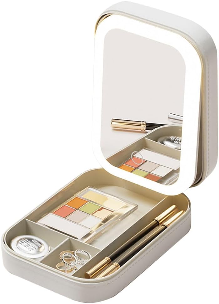 IPT LD-P01 Makeup Pouch with Mirror & Light, Compact LED Light, Mirror Included, Makeup Box, Cosmetic Pouch, Portable, Cosmetic Pouch, Small Items, Mother's Day, Gift, Cosmetics Storage, white
