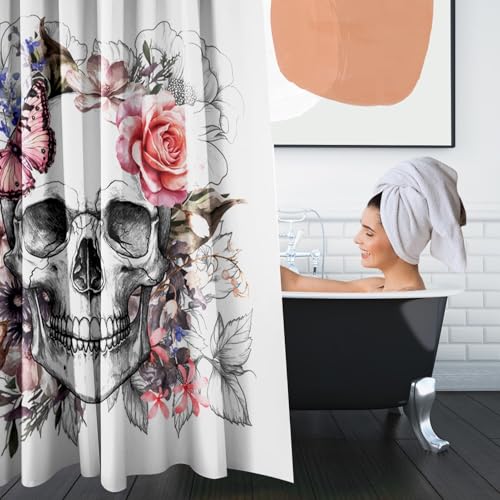 Britimes 4 Piece Shower Curtain Sets, Skull Flower with Non-Slip Rugs, Toilet Lid Cover and Bath Mat, for Bathroom Decor Set, 72" x 72"