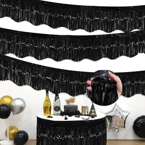 Image of LOLStar Black Foil Fringe Tinsel Garland, Tinsel Streamers Banner, 6 Pack | 60Ft Tinsel Streamers, Shiny Black Wall Hanging Tinsel Fringe Banners for Bachelorette, Halloween, New Year Party Decor