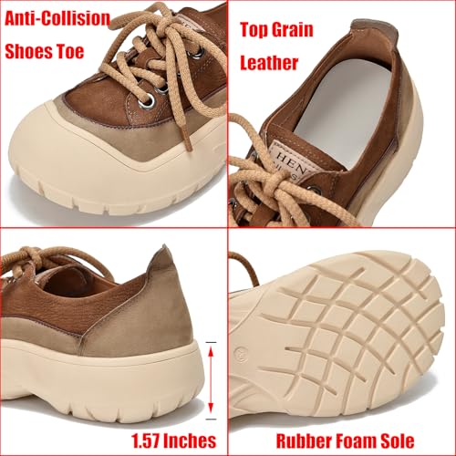 Women's Genuine Leather Lace Up Platform Fashion Sneaker Retro Anti-Collision Round Toe Low Top Soft Sole Walking Shoes Comfortable Lightweight Heighten Casual Running Sport Shoes2