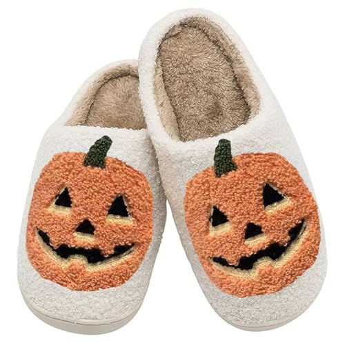 Image of Halloween Pumpkin Slippers for Womens Mens Plush Warm Spooky Lantern Pumpkin Slippers House Shoes