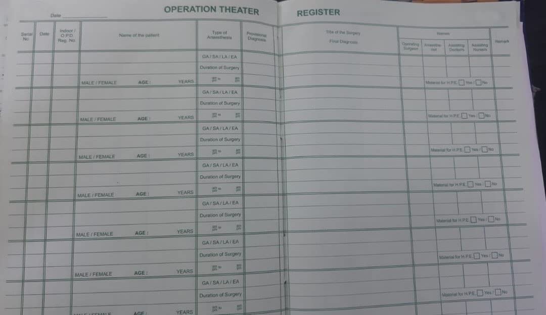 NABH OT Register / Book | Operation Theater Register (200 Pages)