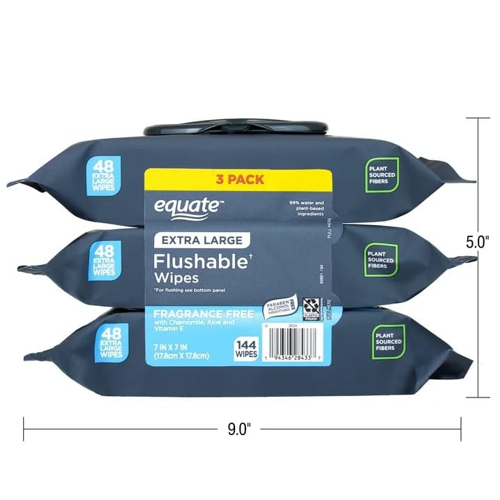 Equate Extra Large Flushable Wipes, Fragrance Free, 7x7 Inch, 144 Wipes, 3 Pack, Plant-Based Fibers, Hypoallergenic