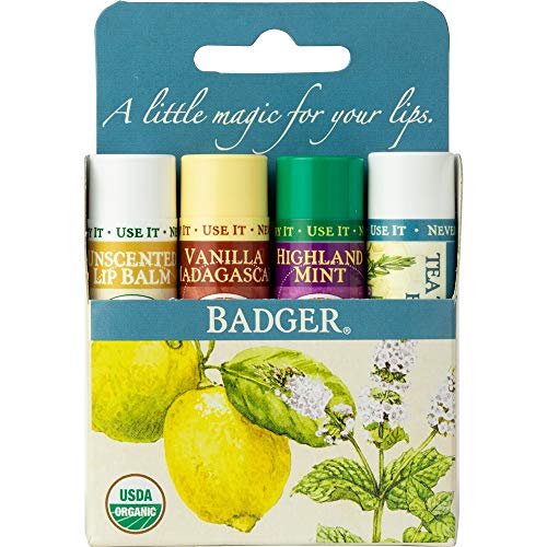 Badger - Classic Lip Balm Variety Pack, Unscented, Vanilla Madagascar, Highland Mint and Tea Tree & Lemon, Certified Organic, Moisturizing Lip Balm, 0.15 oz (4 Pack)