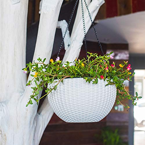 2 Pack Hanging Basket Planters, 2 Size Self-Watering Hanging Planter with Drainer and Chain for Indoor-Outdoor (White)