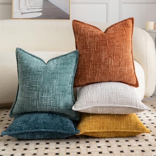 Image of MADIZZ Pack of 2 Chenille Throw Pillow Covers 16x16 Inch Rust Soft Neutral Decorative Throw Pillows for Couch Sofa Boho Accent Cushion Covers Modern Farmhouse Home Decor for Bedroom Living Room
