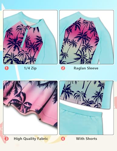 Girls 2 Pieces Rash Guard Swimsuit 1/4 Zip Long Sleeve Bathing Suit Set Kids Swimwear with Sports Shorts3