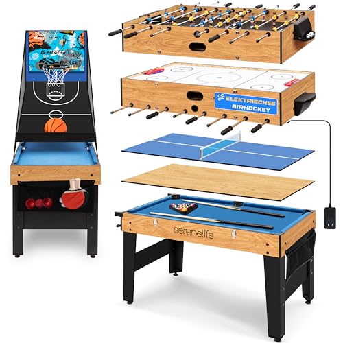 SereneLife Multifunktionstisch, 6-in-1 Multigame Spieltisch- mit Zubehör, Tischkicker, Billardtisch, Tischtennis, Airhockey Tisch & Basketball, Curling Tischspiel, Für Kinder & Erwachsene