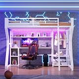 Merax Hochbett mit Schreibtisch 90 x 200 cm, Eisenrahmen, mit Lichtleiste, Steckdose, Kleideraufhängebereich, Schreibtisch, Staufächer, Ablageböden, offener Raum unter dem Bett, ohne Matratze, Weiß