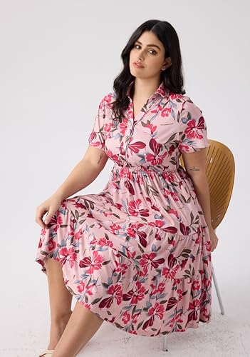 Image of CARCOS Plus Size Dresses for Curvy Women Collared Vneck Short Sleeve Dresses Midi Summer Ruffle Dress with Pocket XL-5XL