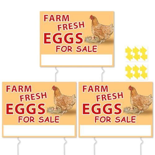3 Pcs Farm Fresh Eggs Sign 16 * 12 inch Double Sided Fresh Egg Sign for Sale Sign with Metal Stakes Corrugated Weatherproof Farm Fresh Egg Sign for Farm Outdoor