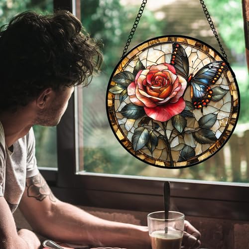 Image of Stained Glass Window Hanging, Red Rose Black Butterfly Suncatcher for Doors Home Sun Catchers Decoration and Christmas, Mother's Day Birthday Gifts for Women, Men, and Mom 6.3x6.3 in