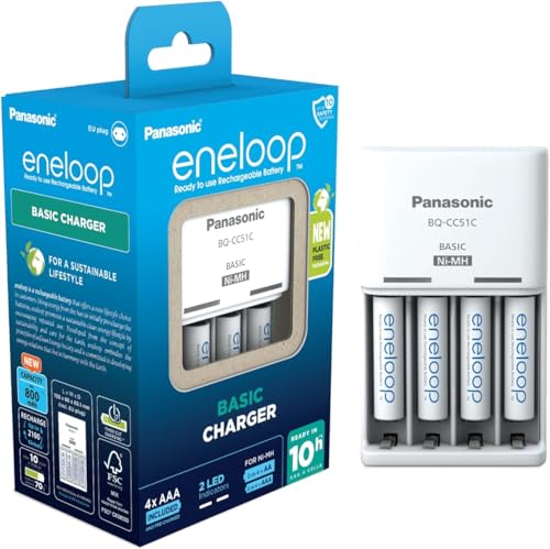 eneloop caricabatterie Basic per 2 o 4 batterie AA/AAA Ni-MH, Nuove funzioni di sicurezza comprese 4 batterie eneloop AAA/Micro con capacità aggiornata, con 6 funzioni di sicurezza