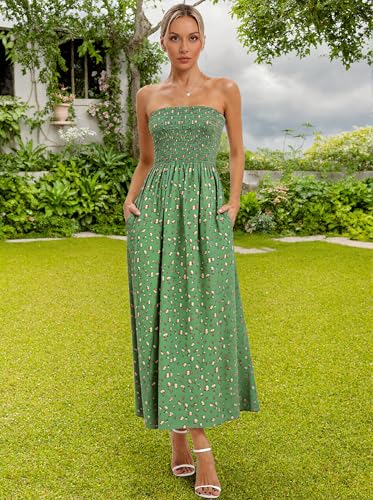 Image of Aigeman Women Strapless Tube Maxi Dress Flowy Swing Long Beach Sundress Sleeveless Boho Summer Dress with Pokets 330