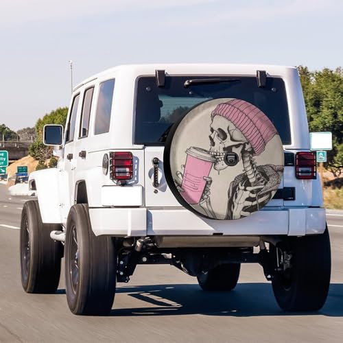 Image of Delerain Skeleton Drinking Coffee Spare Tire Cover with Backup Camera Hole Wheel Protectors Sun Protector Waterproof for Trailer RV SUV Truck and Many Vehicle(13 Inch for Diameter 21 inch-23 inch)