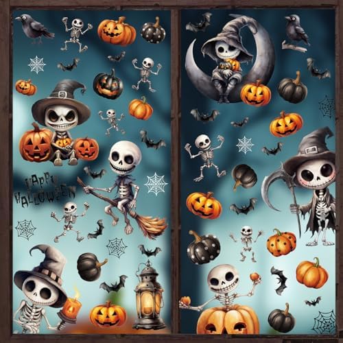 51kQA3zte2L._AC_ CCINEE 8 Sheets Scary Skeleton Halloween Window Stickers Double Sided Skeleton Bat Pumpkin Gel Window Stickers for Halloween Party Glass Sticker Interior Mirror Wall Decoration