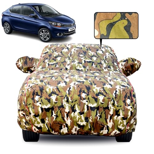 Image of 100% Waterproof Car Body Cover for Tata Tigor with Mirror Pocket, Soft Cotton Lining, Triple Stitched, Full Bottom Elastic (Heat Resistant Jungle Print with Red Piping)