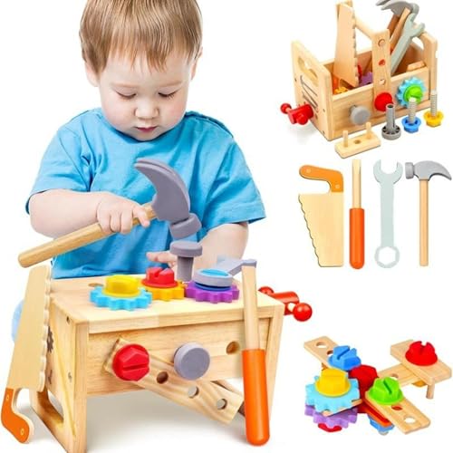 Image of Wooden Tool Kit for Kids | Pretend Play Construction Toy Set | STEM Educational Mechanic Set for Boys and Girls (Ages 3-8) (Tool Bench)