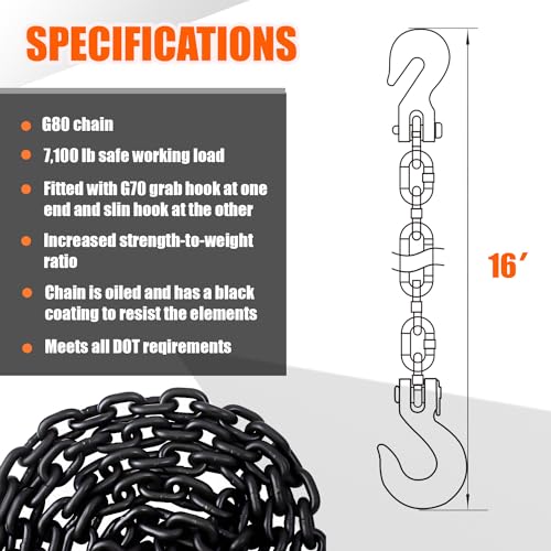 Image of G80 Log Chain 3 /8'' X 15 Feet Transport Chain with Clevis Grab Hooks | Heavy Duty Safety Chain WLL 7,100 lbs for Hauling & Towing