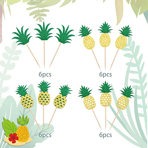 24 Pack Pineapple Cupcake Toppers Glitter Donut Fruit Cupcake Picks Hawaiian Luau Aloha Summer Tropical Theme Baby Shower Bridal Shower Wedding Or Birthday Party Cake Decorations Supplies #TOP2