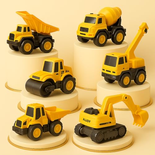 Image of PUREjoy Plastic Realistic Construction Vehicles, 6-Piece Mini Set with Pull-Back Action, Friction-Powered Trucks, Chunky Kid-Friendly Design, Yellow, Small
