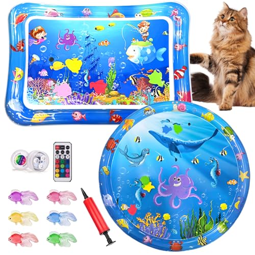 Yizemay Sensorische Wassermatte Katze 2 Stück Katzen Kühlmatte Katzenpool mit Plastiks Fisch Spielzeug Wasserspielmatte Intelligenzspielzeug Abkühlung Katzen Kühlung Hund.