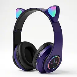 Fone de Ouvido Infantil Bluetooth com Orelhas de Gato, Luzes RGB, Dobrável, Ajustável, Conforto Prolongado e Conectividade Multiuso (Roxo)