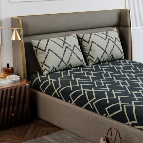 Image of Stoa Paris 100% Cotton King Size Fitted Bedsheet with 2 Pillow Covers, 180TC Printed Bedding Set, All-Season Comfort, Soft & Lightweight, Home Decor, Urbanscape - Slate Lattice (182cmx198cm+30cm)