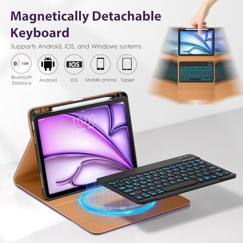 Image of DTTO Keyboard Case for iPad Air 11 Inch M4 /M3 /M2 2026 /2025 /2024, iPad Air 5th /4th Gen 10.9-Inch, 7 Colors Backlit Wireless Detachable Folio Keyboard Cover with Pencil Holder & Pocket, Dark Purple