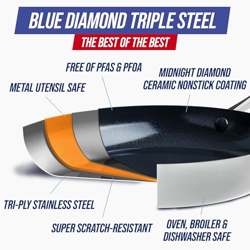 Image of Blue Diamond Cookware Tri-Ply Stainless Steel Ceramic Nonstick, 15 Piece Cookware Pots and Pans Set, PFAS-Free, Multi Clad, Induction, Dishwasher Safe, Oven Safe, Silver
