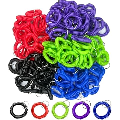 VEADOOLLY 100pcs Wrist Coil Key Chains Stretchable Plastic Wristlet Keychains, Multicolor Spiral Keychain Bracelet Wrist Coil Key Chains, Wrist Band Key Ring Chain for Office, Workshop, Shopping Mall Cover