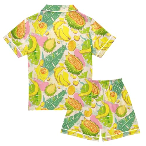 Watercolor Banana Pattern Pajamas Sets Short Sleeve Silk Stain Pjs Button Down Sleepwear for 5-14Y2