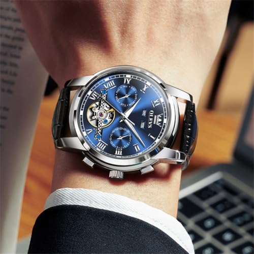 Image of OLEVS Mechanical Dress Mens Watches Square Brown Leather Strap Moon Phase Skeleton Tourbillion Day Date Waterproof Luminous Men's Wrist Watches