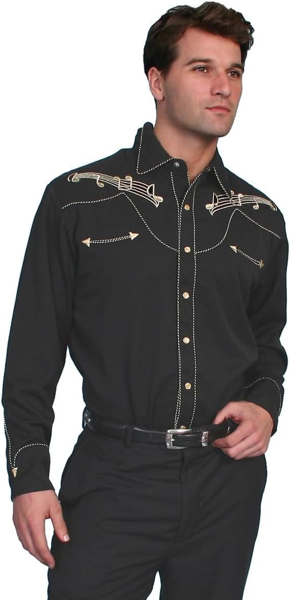 Gold Embroidered Musical Note Snap Front Shirt P637 BLK **