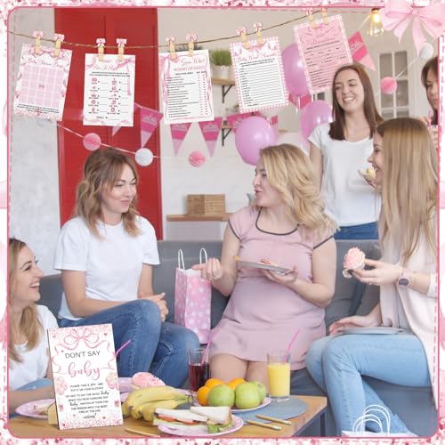 Image of Patelai 321 Pcs Pink Bow Baby Shower Decorations Set 5 Games Include Pink Ribbon Baby Shower Bingo Word Scramble Description The Price Guess Don't Say The Word Sign for Coquette Bow Game Party Decor