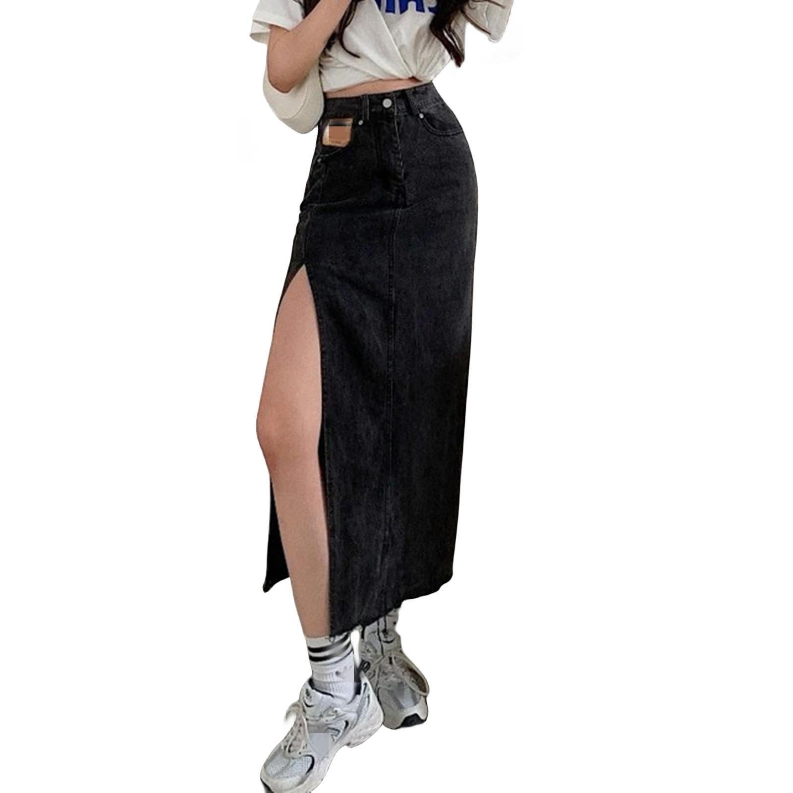 NOGRAX Długa spódnica długa dżinsowa spódnica vintage damska solidna wysoka talia smukły styl dżinsowa rozcięcie spódnica midi lato moda dziewczyna