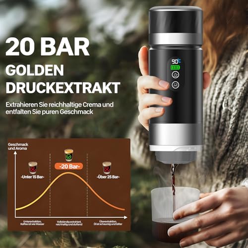 Tragbare Kaffeemaschine, 3-in-1Reisekaffeemaschine, elektrische Heizung, wiederaufladbare 12v Kaffeemaschine, für Büro, Reisen, Zuhause, kompatibel mit Espressokapseln und gemahlenem Kaffee (Schwarz) – Bild 5