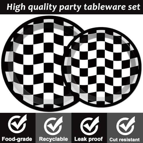 Image of 96PCS Race Car Birthday Party Decorations Black and White Checkered Plates Sports Themed Table Supplies Decorations Racing Dessert Plates Napkins Forks for 24 Guests Racing Car Birthday Party Favors