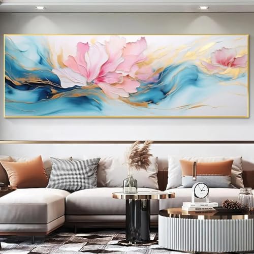 Impression de fleurs dorées marbre avec cadre, déco salon art fluide 40x120