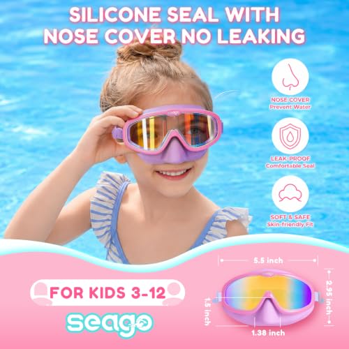 Image of Seago Kids Swim Goggles 2 Pack for 3-12, Anti-Fog Clear View,Toddler Goggles with Nose Cover Swimming Goggles