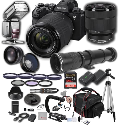 Sony a9 III Mirrorless Camera with 28-70mm Lens, 128GB Extreme Memory, 420-800mm Super Telephoto Lens, TTL Pro Flash, Filters, Lenses, Case Tripod, and More – Extreme Photo Bundle (42pc Bundle)