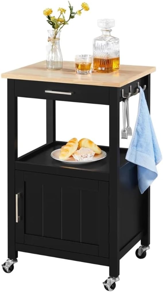 Rolling Kitchen Cart Storage Island Trolley, Black Bar