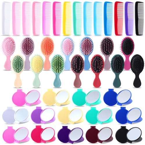 LemonRoad 42ピース ミニウェットヘアブラシコームミラーセット14スモール折りたたみミラー14個 かわいいトラベルデタングラーブラシ バルク レディース キッズ 幼児 女の子 赤ちゃん カーリーヘア用エアクッション付き マルチカラー